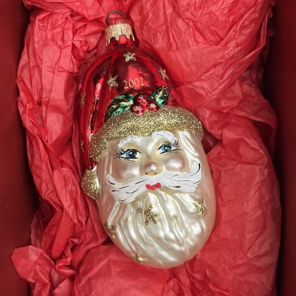 Santa Head Ornament Glass Stars On Hat Beard 2001 Vtg Christmas Decor Y2K Red